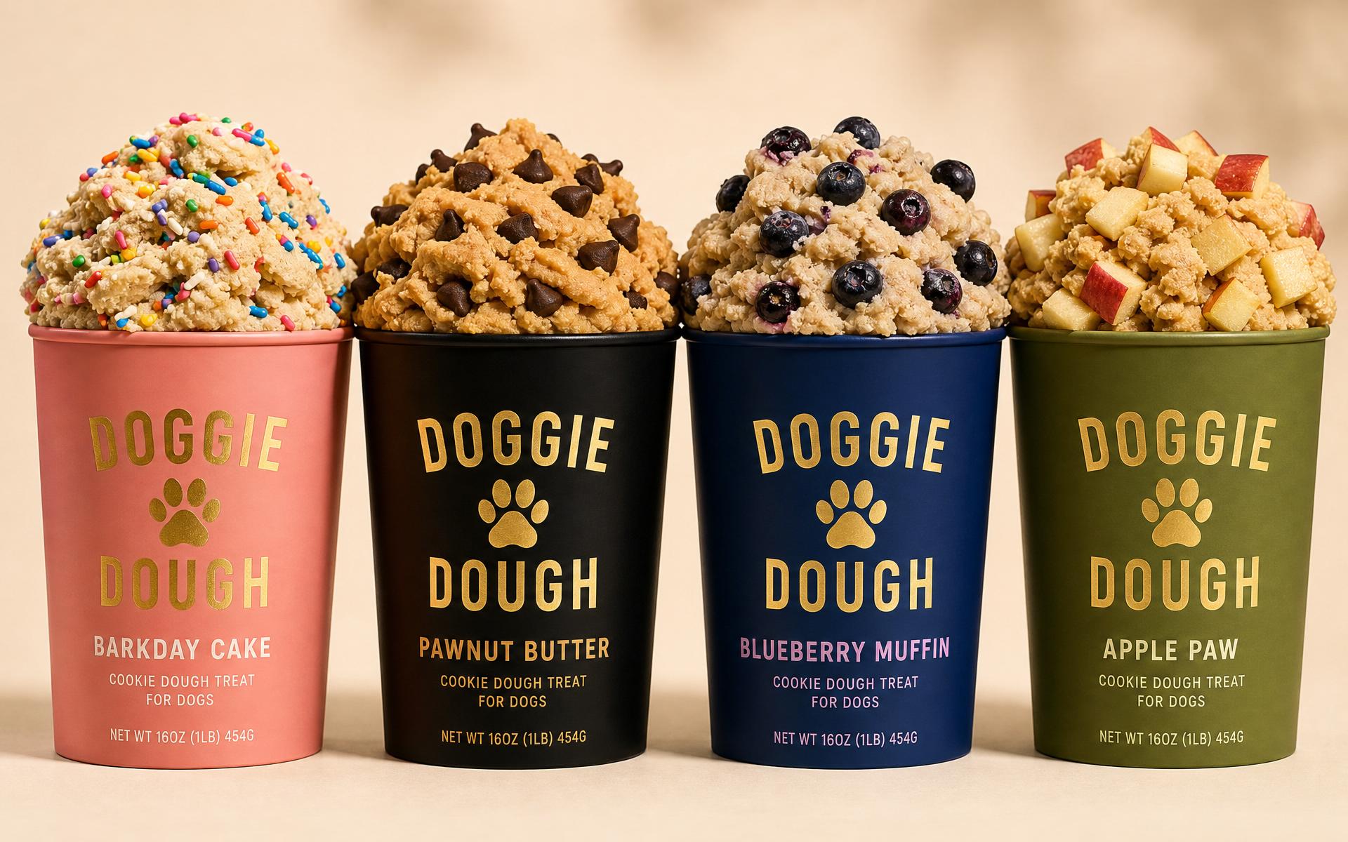 Four Doggie Dough tubs in a row: BarkDay Cake, Pawnut Butter, Blueberry Muffin, Apple Paw
