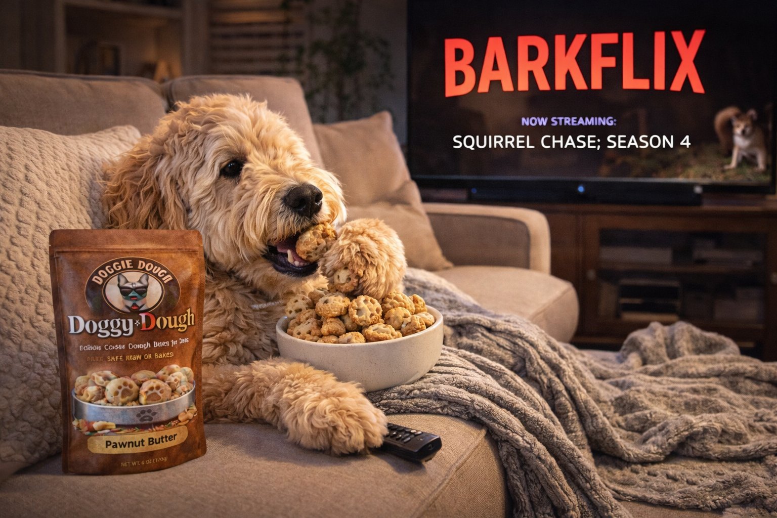 Dog watching Barkflix while eating Doggie Dough