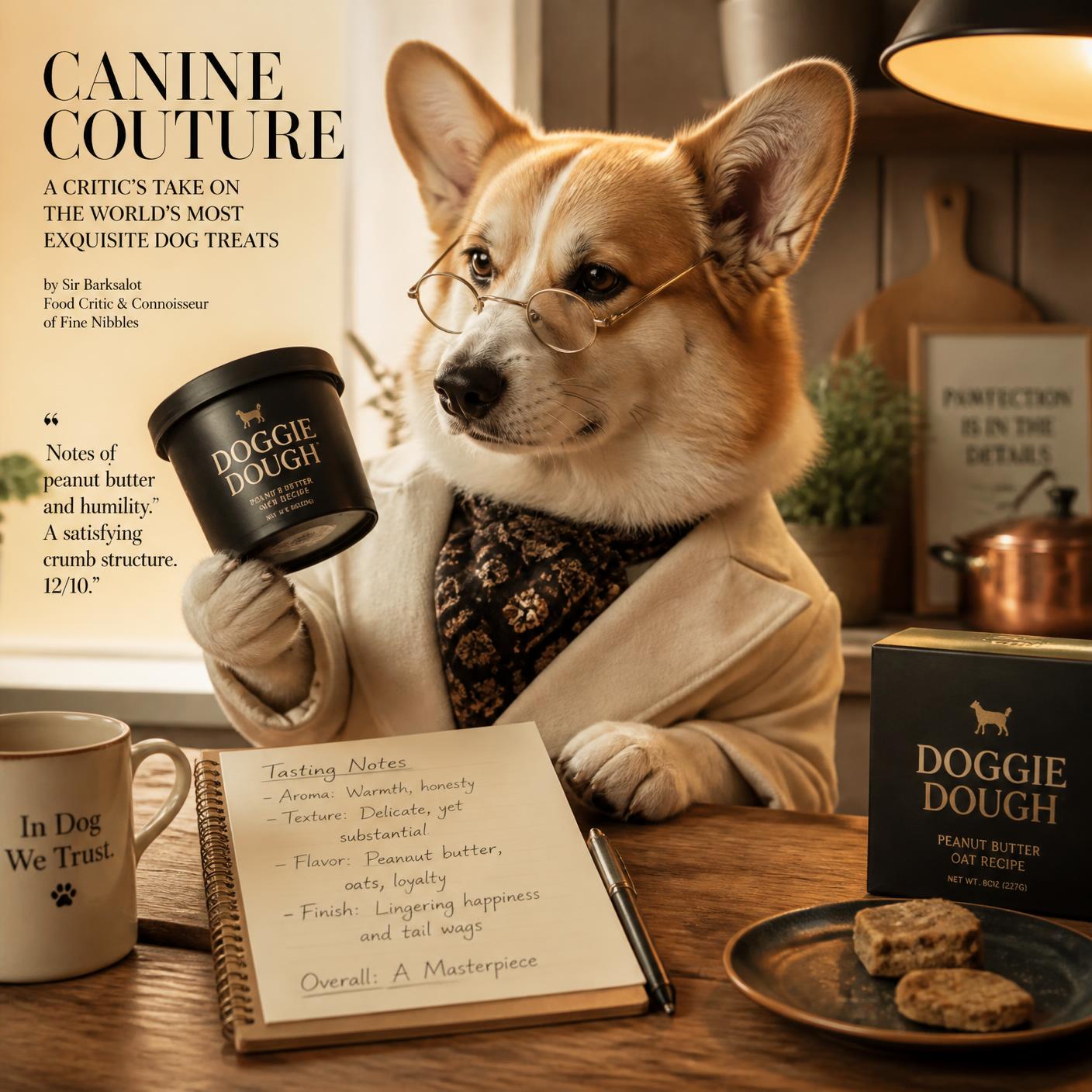 Corgi wearing tiny reading glasses reviewing a Doggie Dough tub