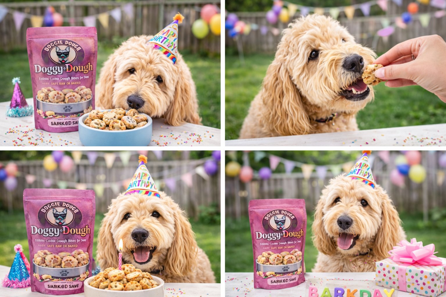 Golden doodle with party hat celebrating BarkDay with Doggie Dough