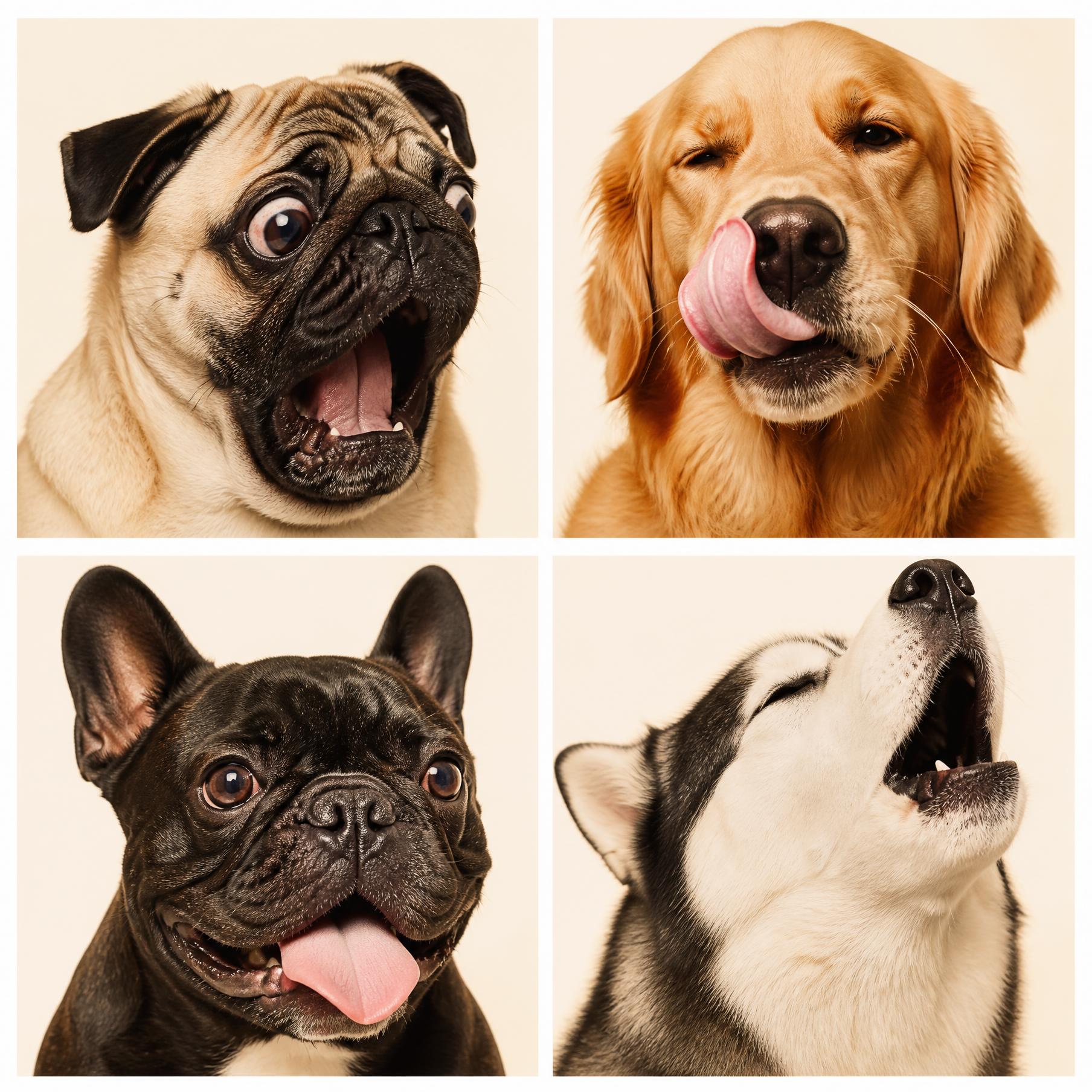 Four dog portraits: pug, golden retriever, french bulldog, husky — the Doggie Dough taste panel
