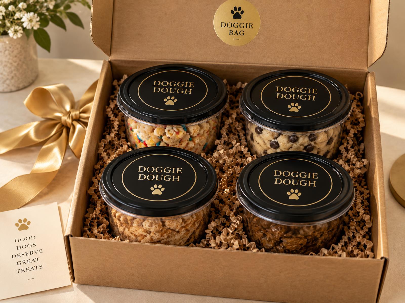 Doggie Bag gift box with four clear deli containers of Doggie Dough, each with a black top label
