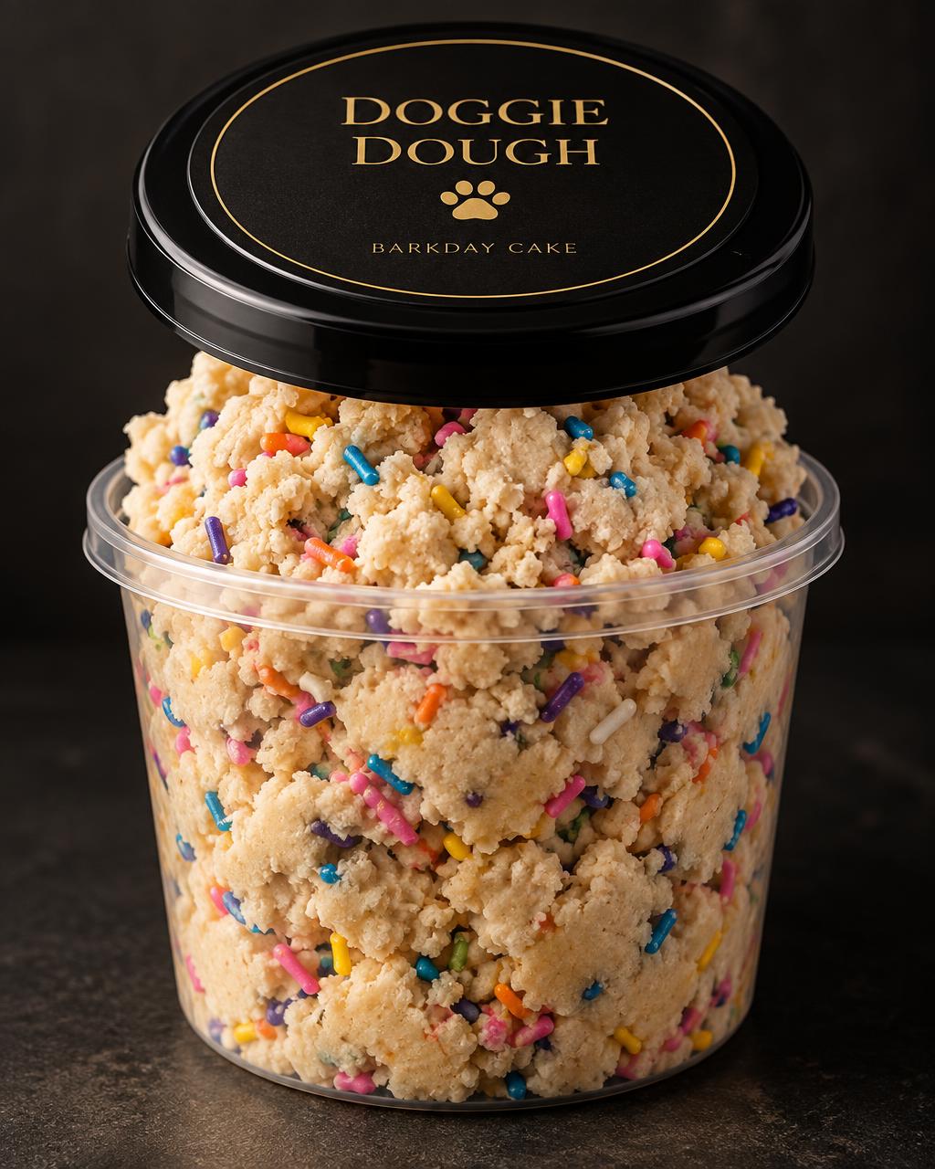 BarkDay Cake Doggie Dough in a clear deli container with a top label