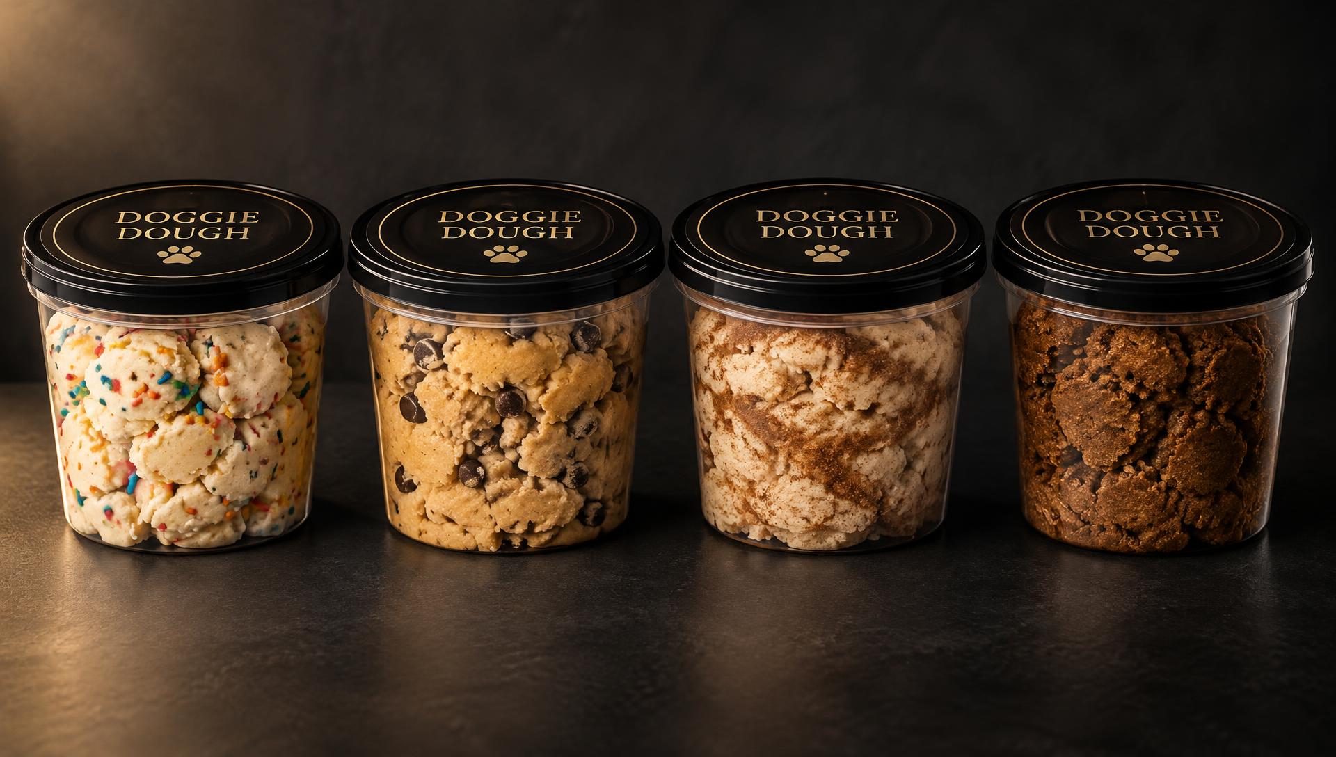Four Doggie Dough clear deli containers with top labels: BarkDay Cake, Chocolick Chip, Snicker Anydoodle, and Waggin’ Molasses