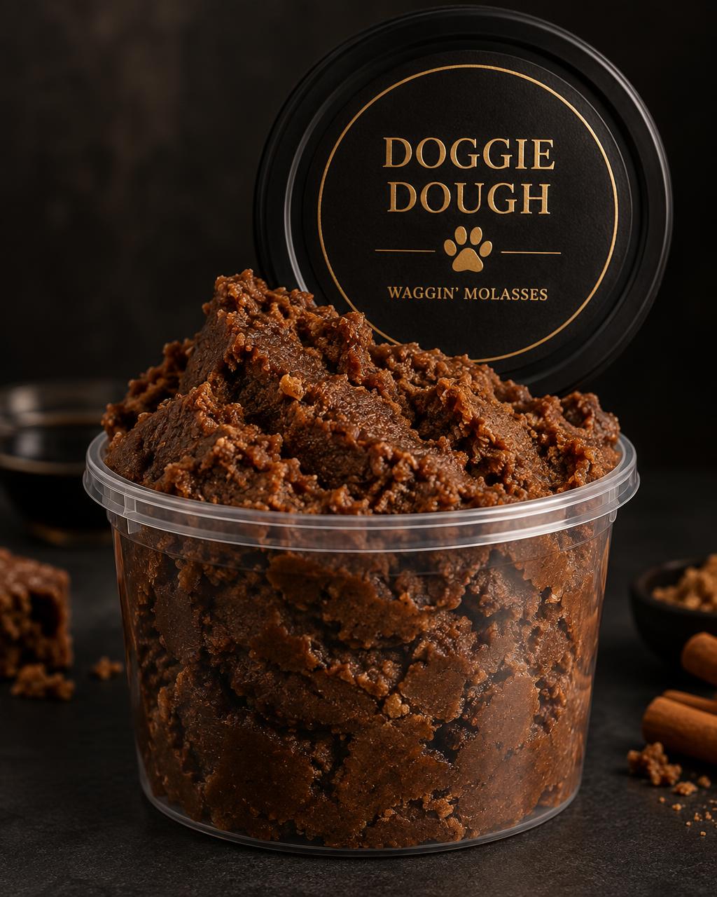 Waggin’ Molasses Doggie Dough in a clear deli container with a top label